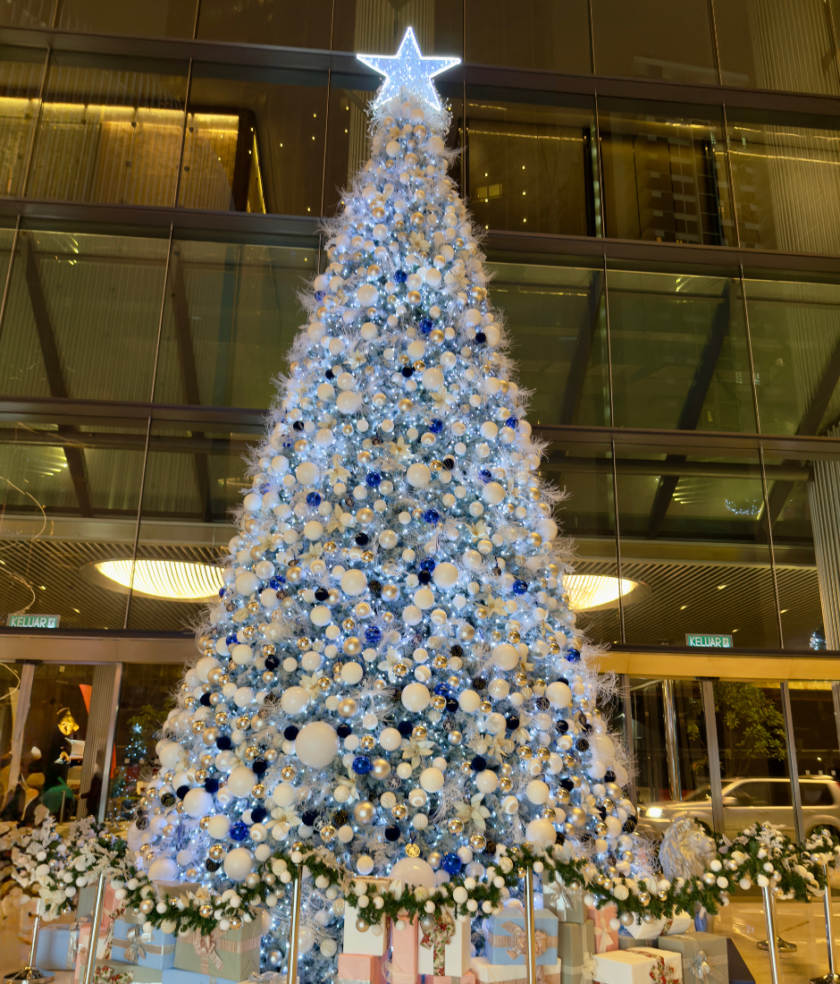 30-foot tall white christmas tree at EQ