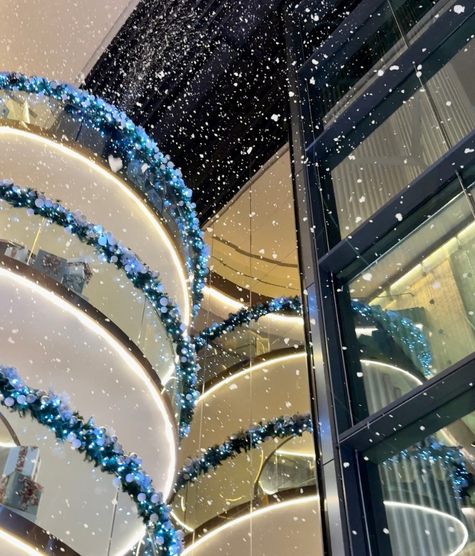 Snow falls down at the EQ lobby